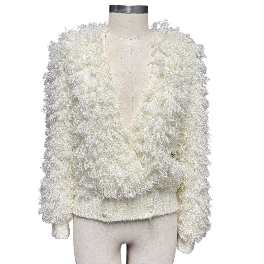 Vintage Womens Hand Crochet Cardigan Sweater M Boho Cream Fuzzy Knit Cottagecore